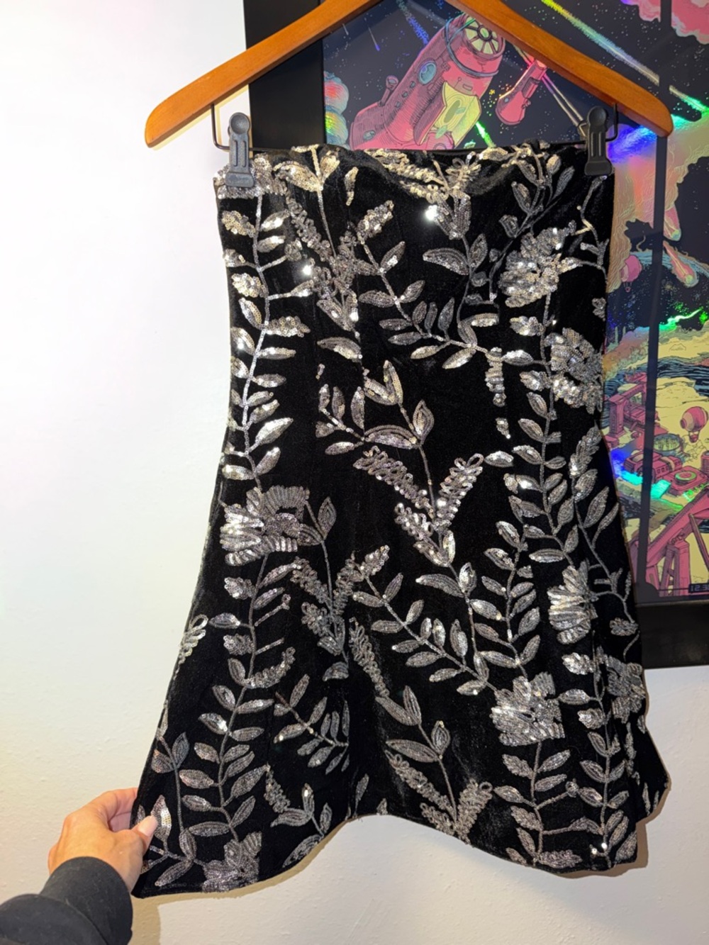 Black Velvet Mini Dress with Silver Sequin Floral Embroidery